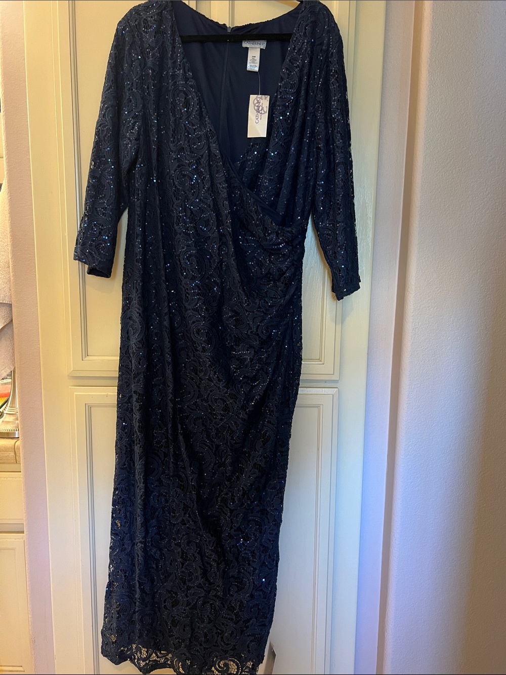 New Catherine’s Evenings Navy Sequin Lace faux Wrap Gown, gorgeous, fully lined